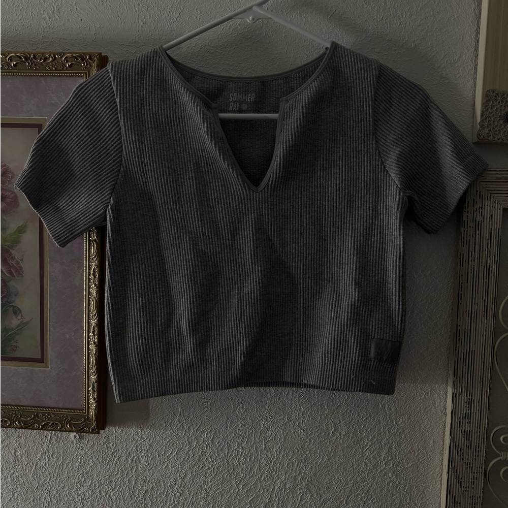 Gray Short Sleeve Ribbed Top